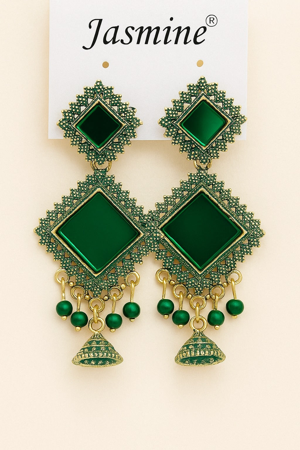 Jasmine Elegant Green Geometric Earrings with Beads for Indian Women