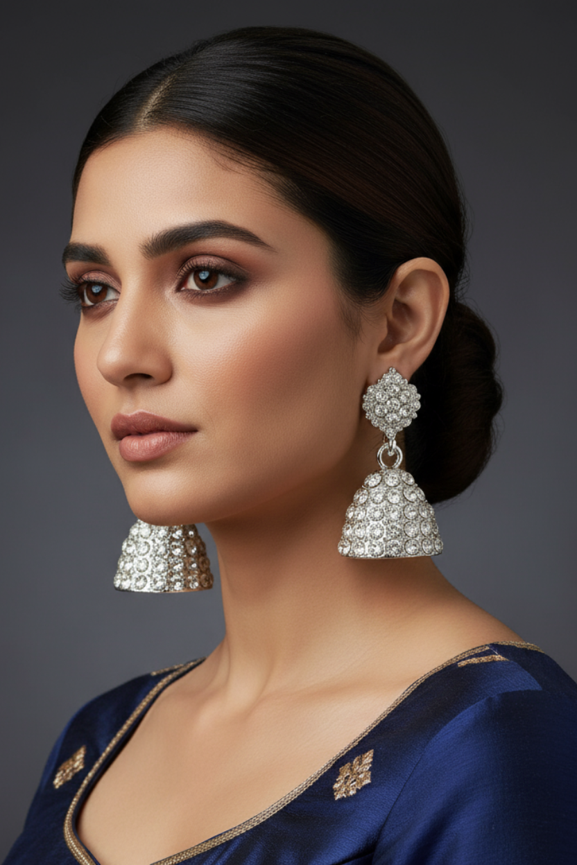 Jasmine Sparkling White Crystal Fashion Jhumka Earrings for Indian Women