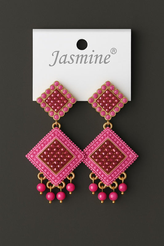Elegant Indian Woman Wearing Traditional Pink Jewelry Earrings