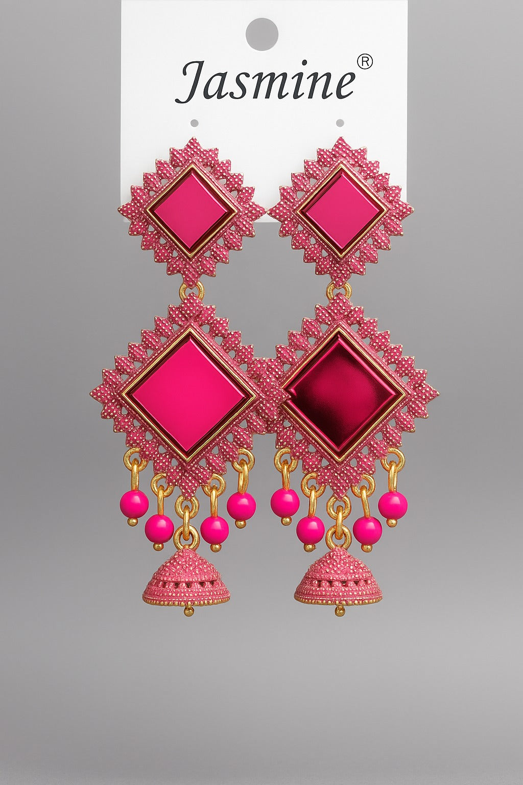 Pink Geometric Traditional Earrings with Beads for Indian Women