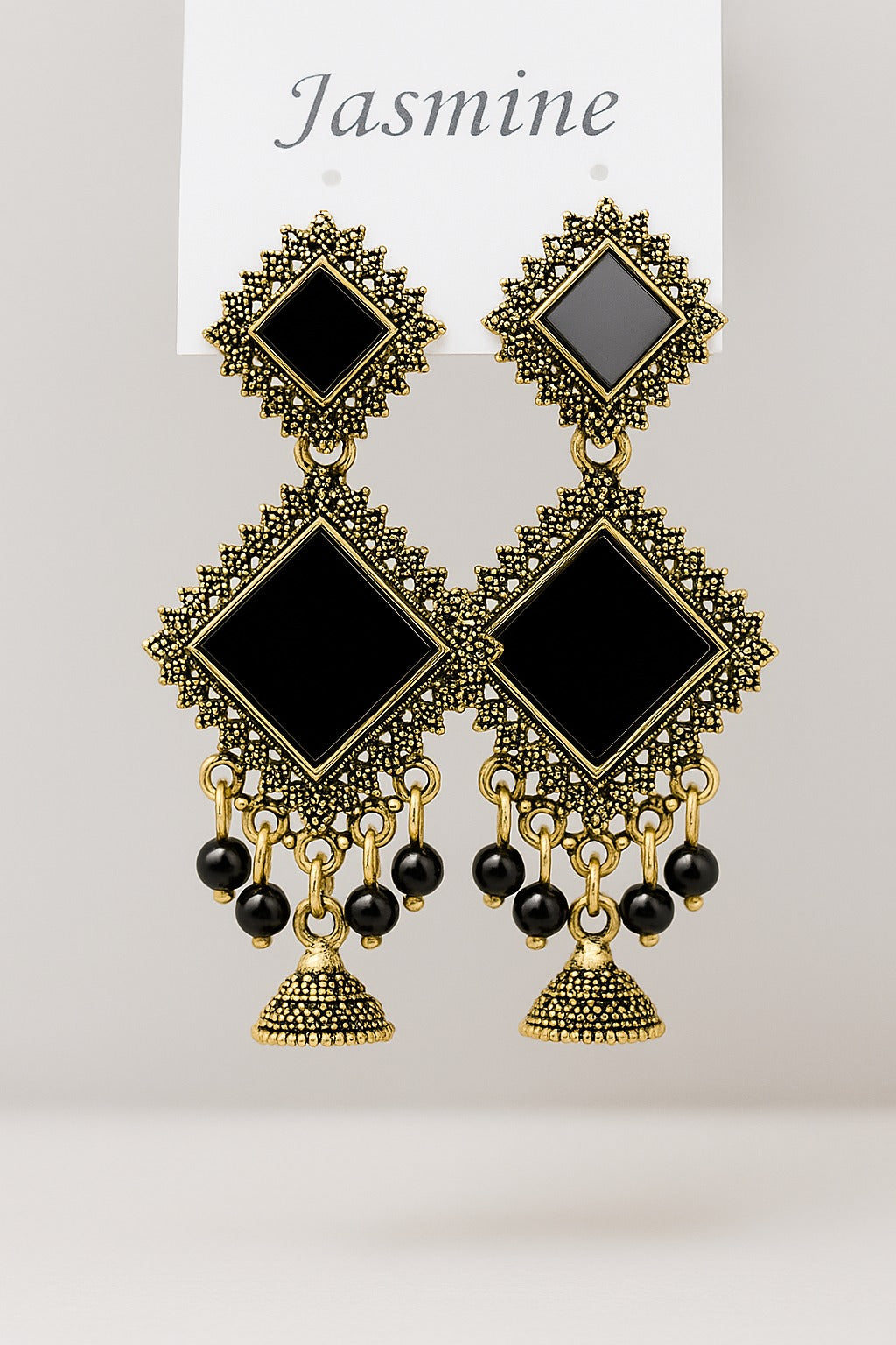 Jasmine Black Geometric Traditional Earrings with Beads and Jhumka for Indian Women