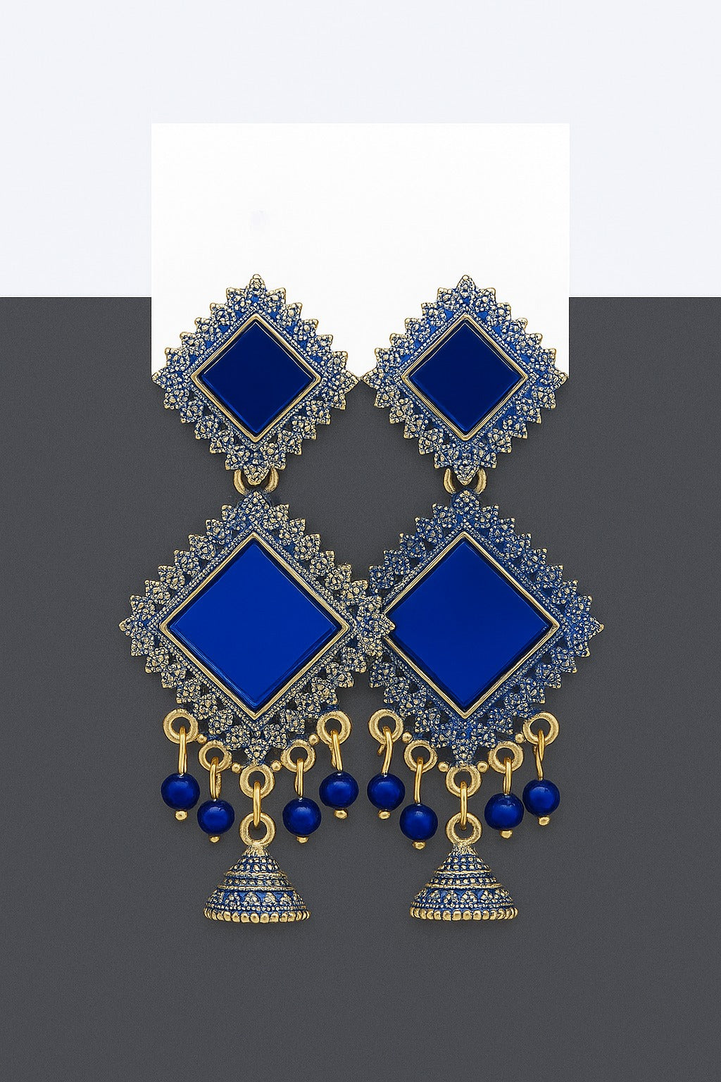 Jasmine Royal Blue Geometric Traditional Earrings with Beads and Jhumka for Indian Women