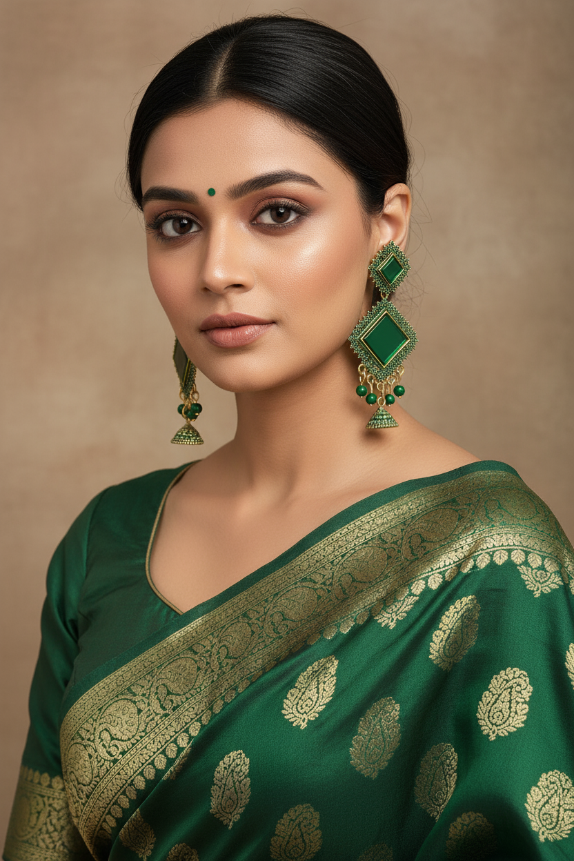 Jasmine Elegant Green Geometric Earrings with Beads for Indian Women