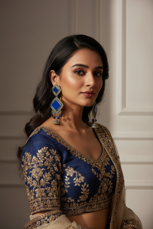 Jasmine Royal Blue Geometric Traditional Earrings with Beads and Jhumka for Indian Women
